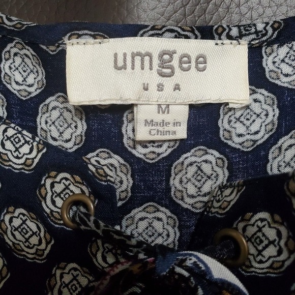 Umgee Dress Women's Size Medium Navy Peasant Boho 3/4 Sleeved Lace Up Front - Picture 4 of 4